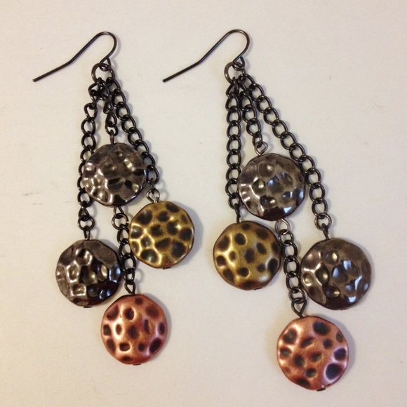 Mixed Metal Chain Beaded Earrings Brass Copper Silver Handmade Dangle Pierced - Picture 1 of 5